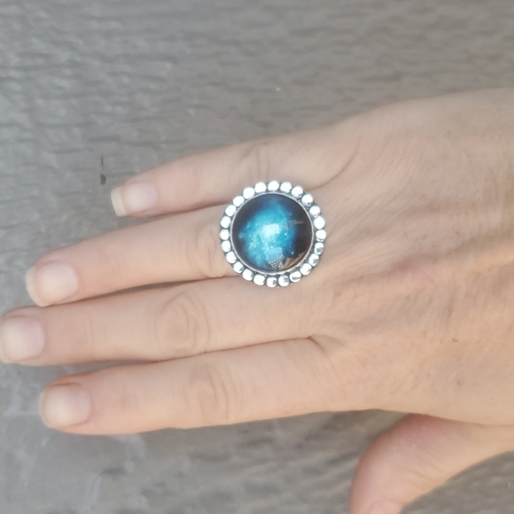 New Nebula Galaxy Celestial Art Glass Abstract, Hypnotic 925 Silver Ring. - Picture 3 of 6